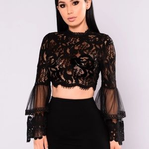 Black lace crop top with bell sleeves